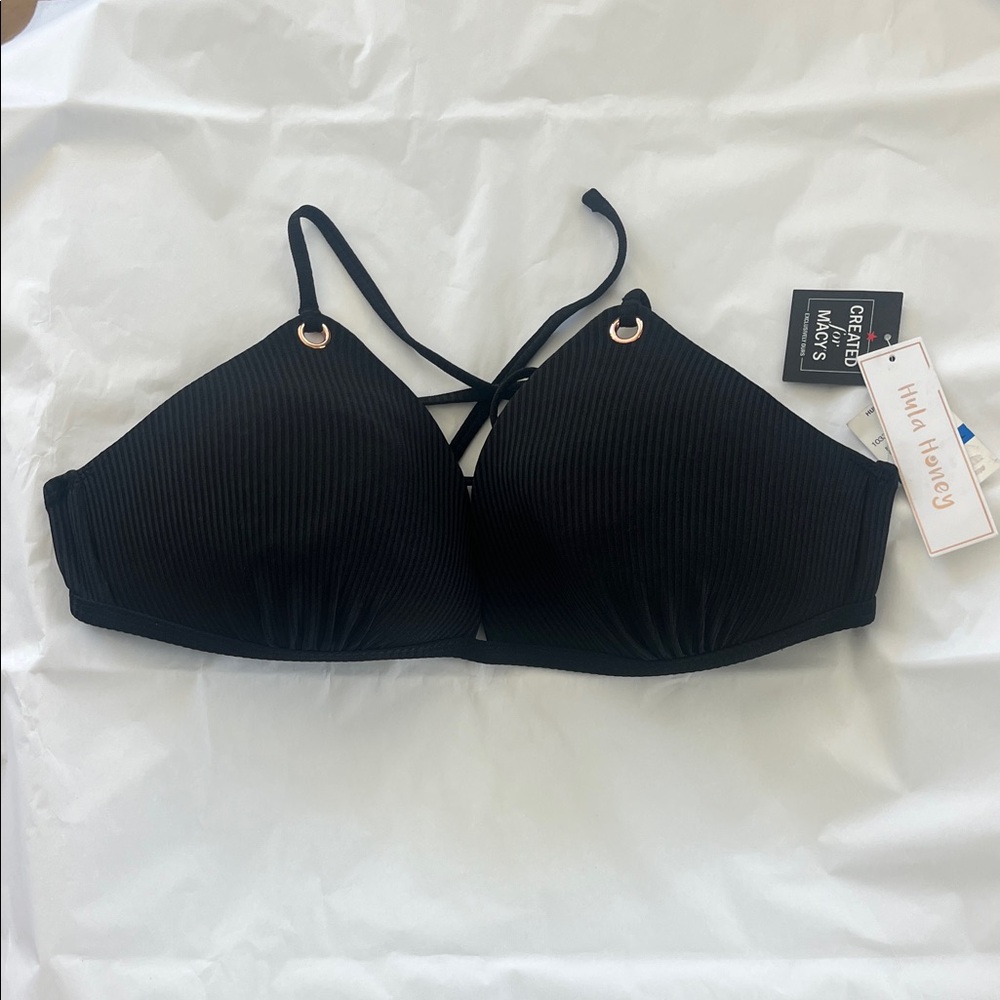 NWT Hula Honey Black Ribbed Strappy Bikini Top with Rose Gold Accents size XL